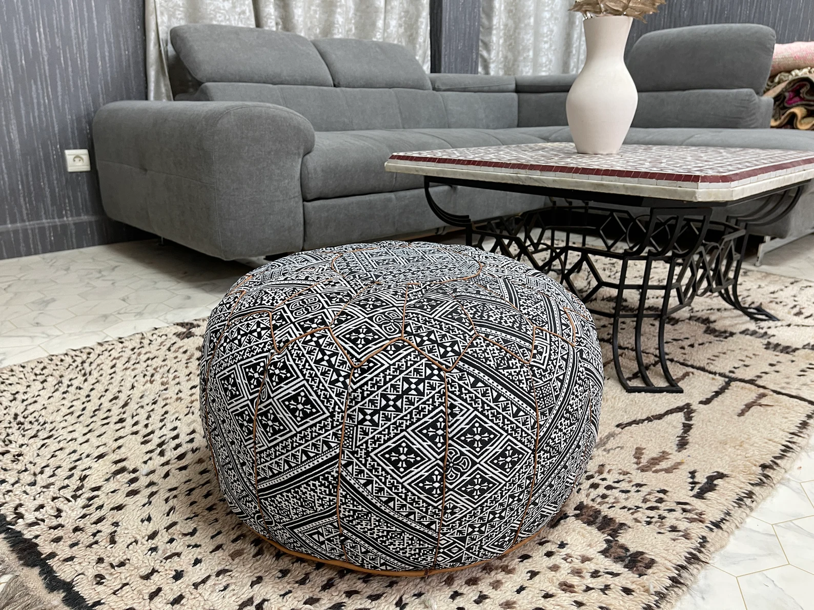 Leather & Fabric Pouf Cover – Fes Handcrafted Ottoman