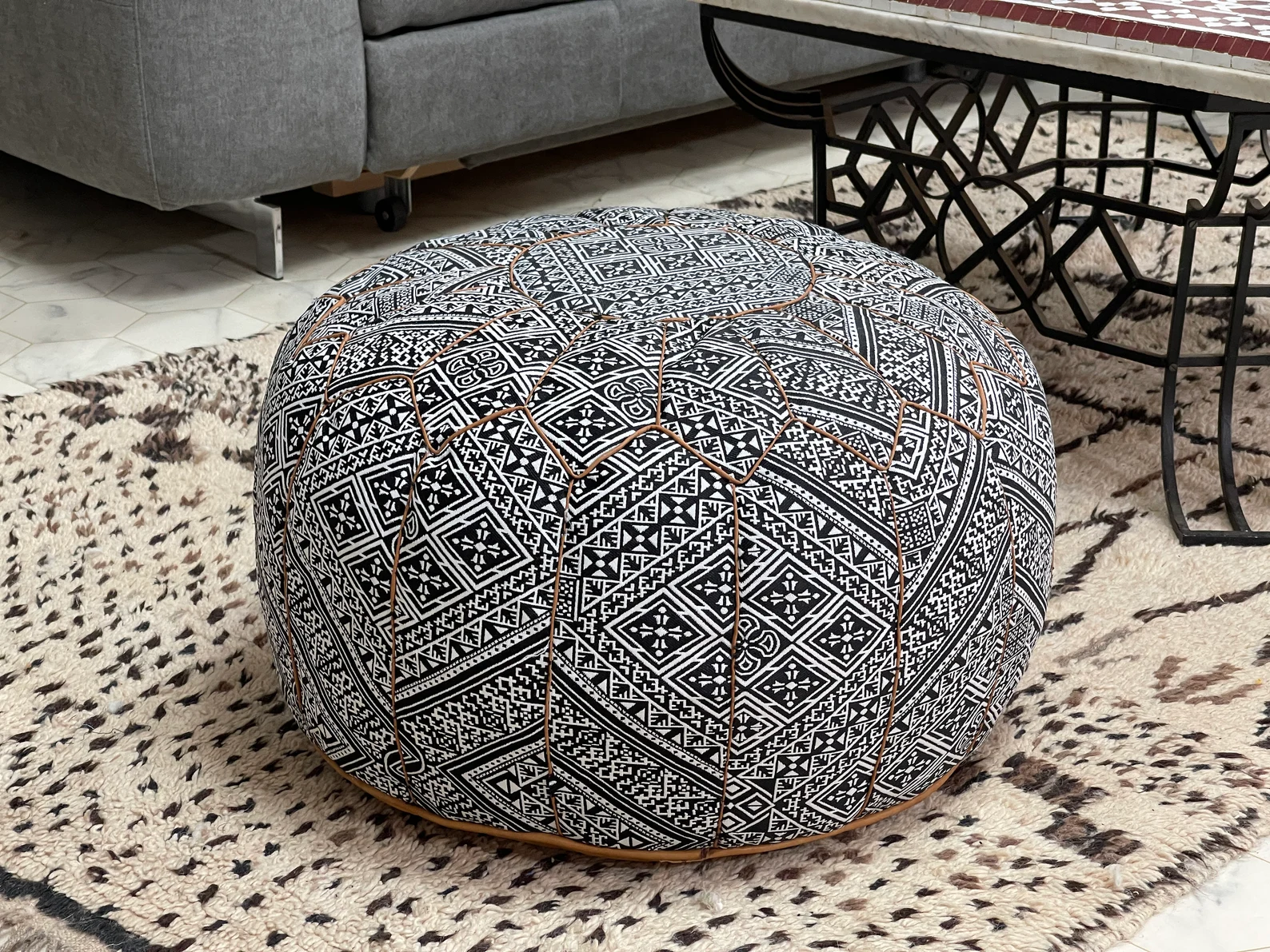 Leather & Fabric Pouf Cover – Fes Handcrafted Ottoman — view 6