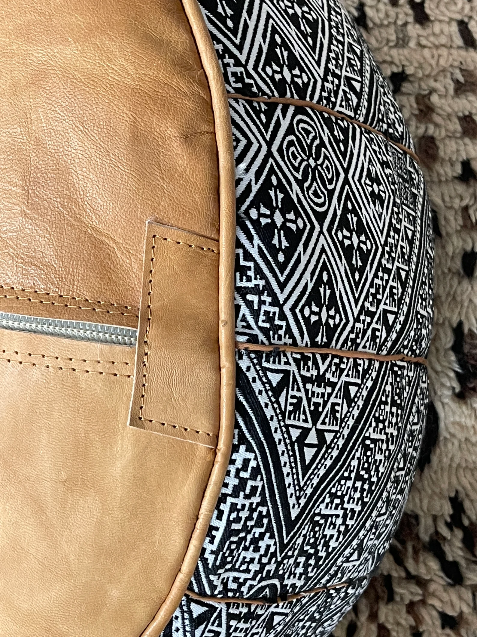 Leather & Fabric Pouf Cover – Fes Handcrafted Ottoman — view 10