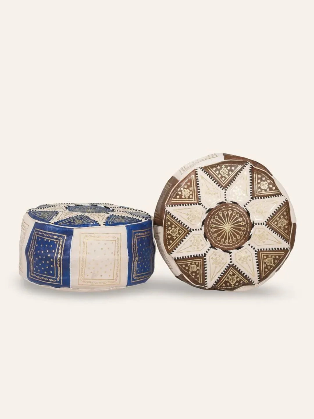 Moroccan Leather Pouf in Two Tones with Gold Motifs, Made in Fes