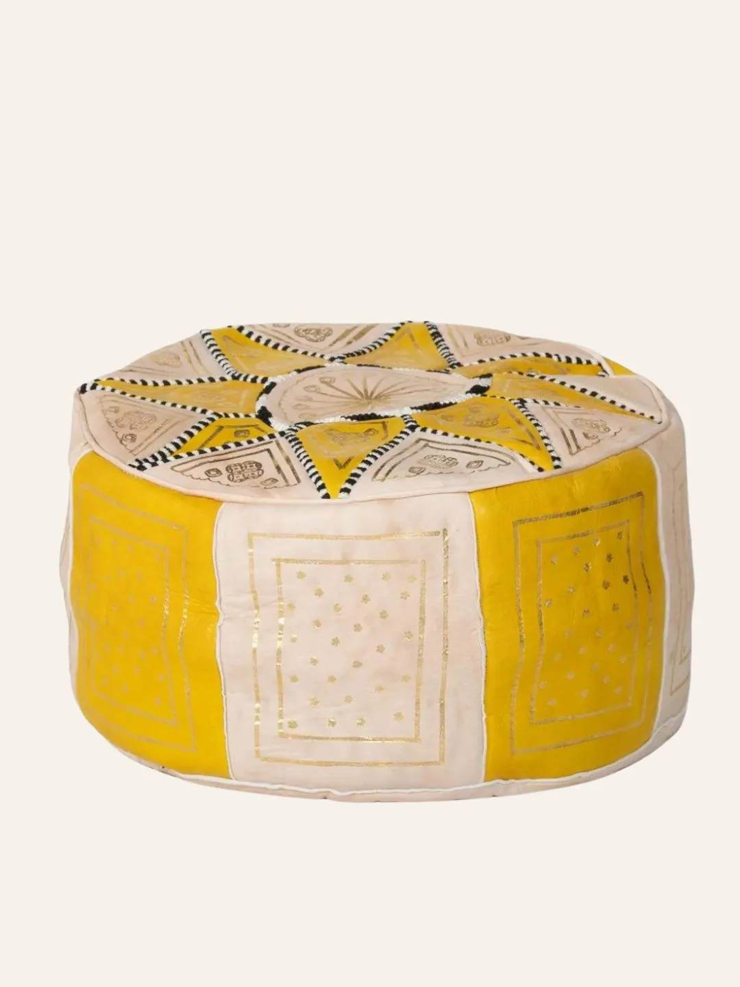 Yellow and cream Moroccan leather pouf with geometric decorative pattern