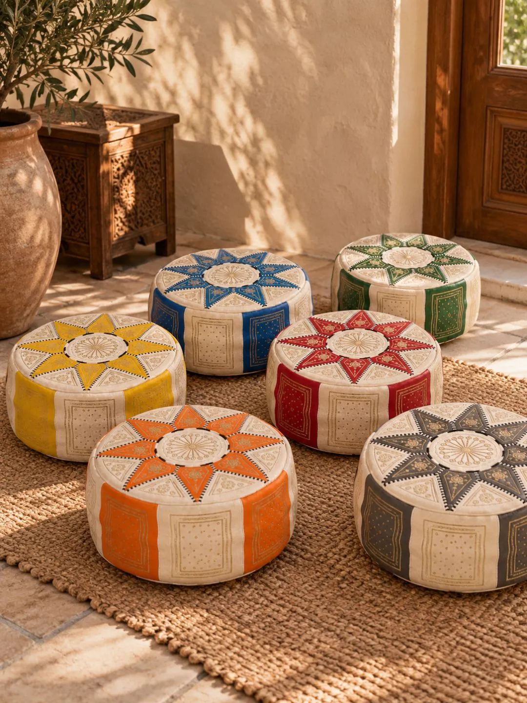 Colorful Moroccan leather poufs arranged on a woven rug in a warm interior