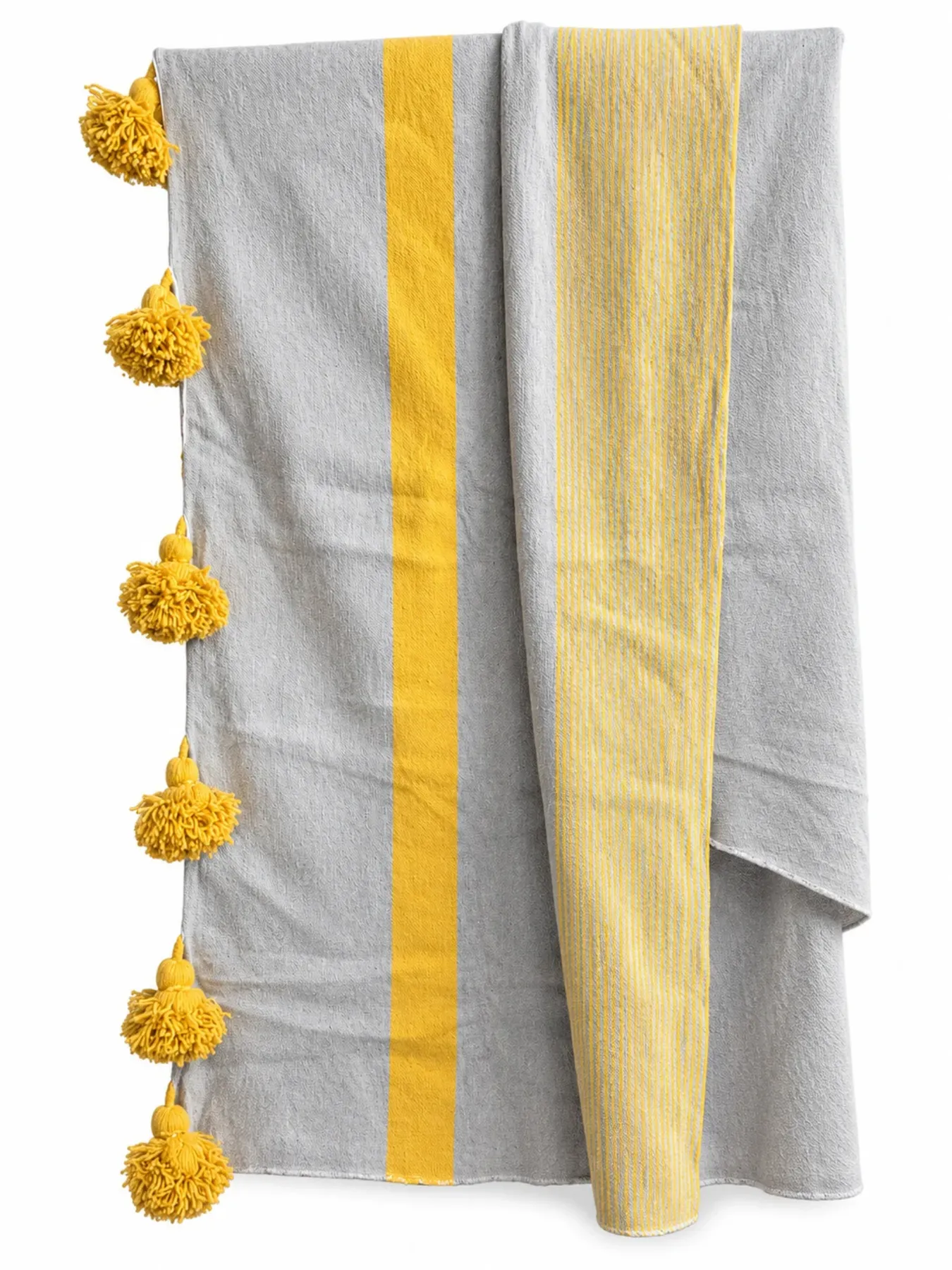 Handwoven Grey and Mustard Wool Throw Blanket with Tassels, 300 × 250 cm