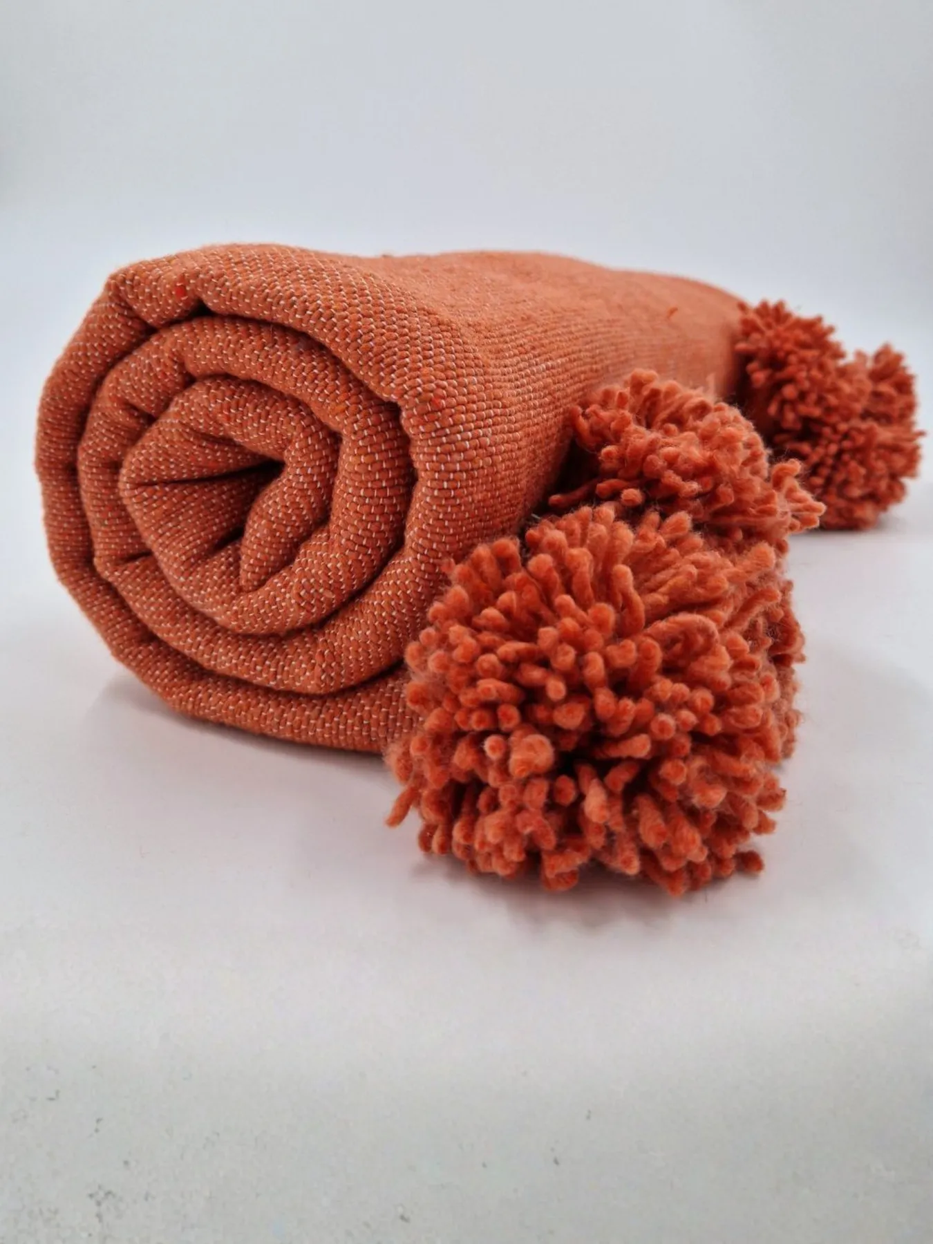 Moroccan Pom Pom Blanket, Terracotta Cotton Throw by Fouzia — view 2