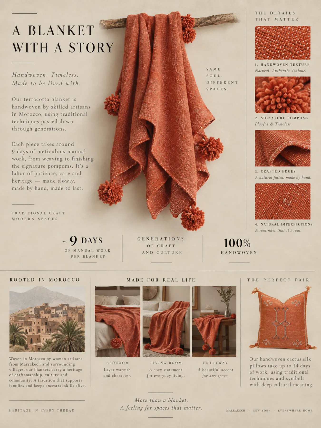 Moroccan Pom Pom Blanket, Terracotta Cotton Throw by Fouzia — view 7