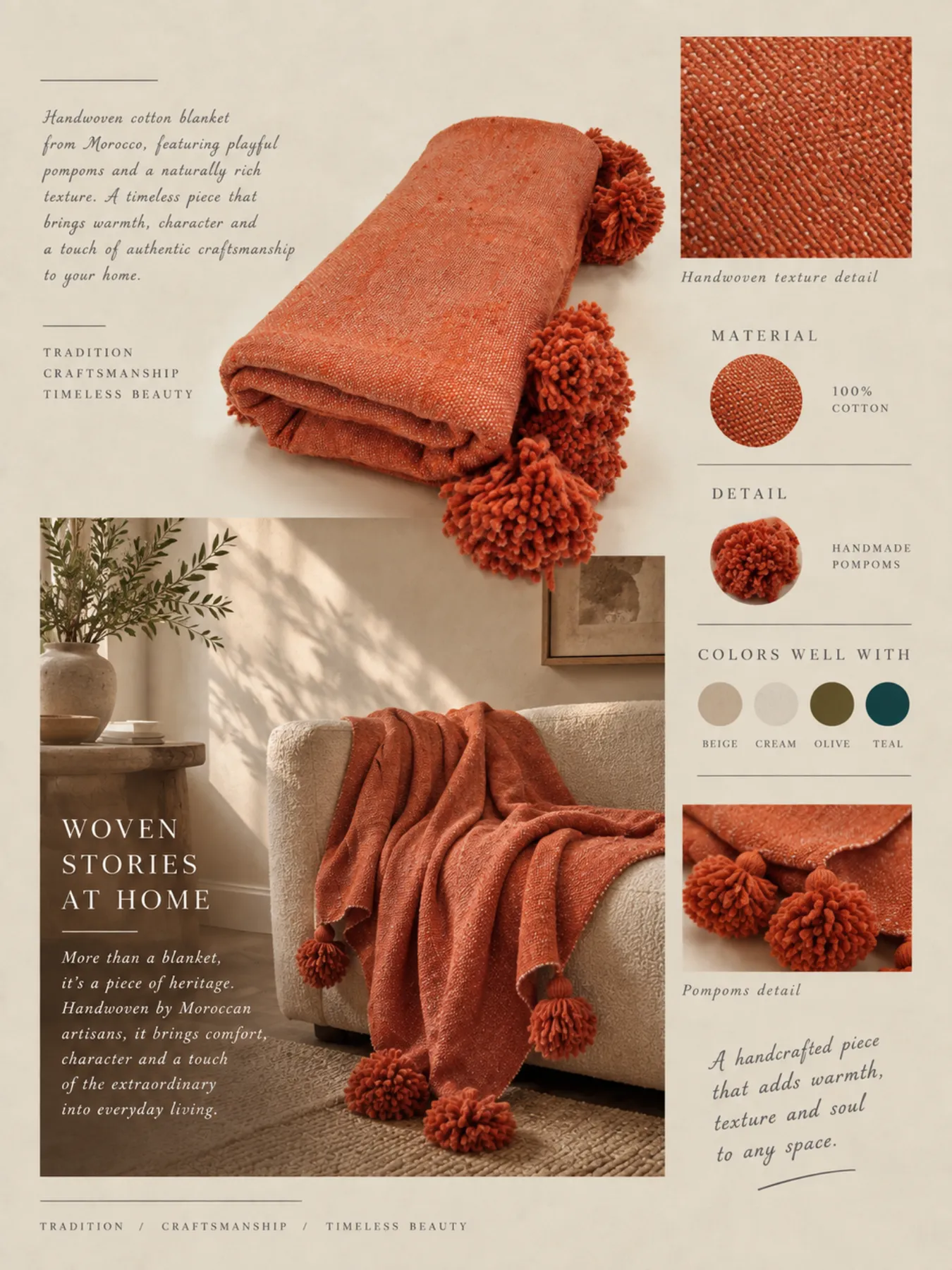 Moroccan Pom Pom Blanket, Terracotta Cotton Throw by Fouzia — view 8