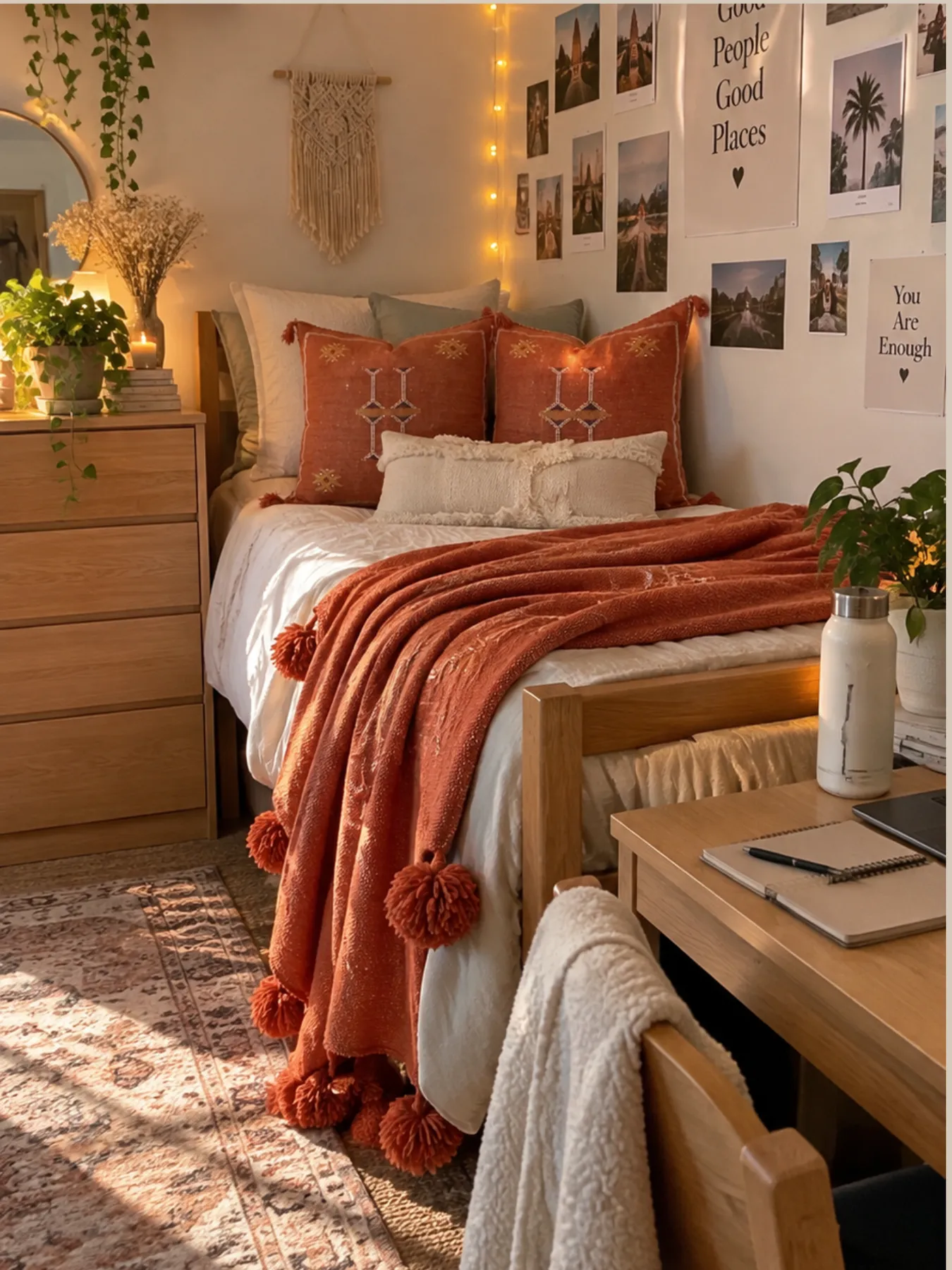 Moroccan Pom Pom Blanket, Terracotta Cotton Throw by Fouzia — view 6