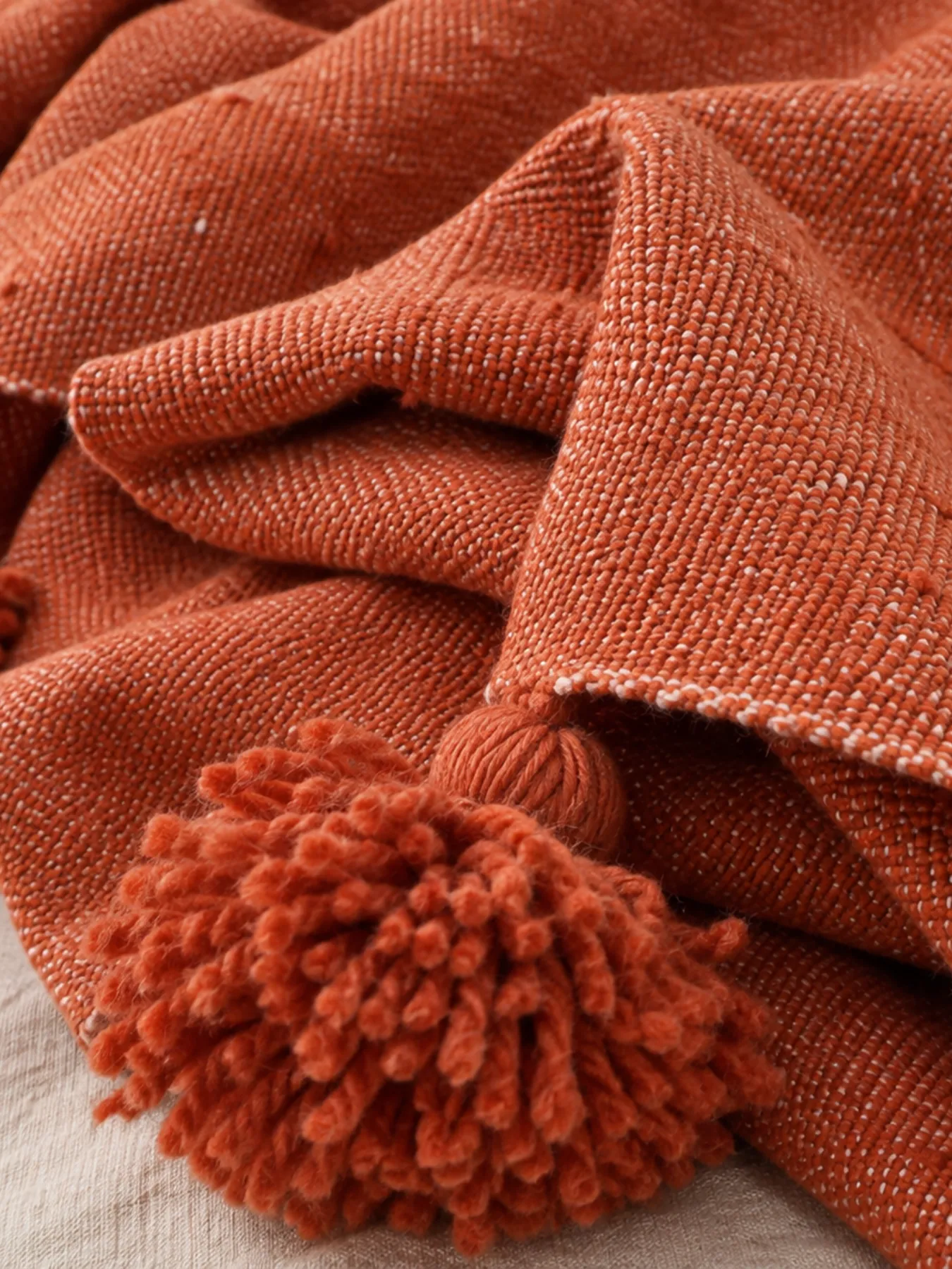 Moroccan Pom Pom Blanket, Terracotta Cotton Throw by Fouzia — view 3