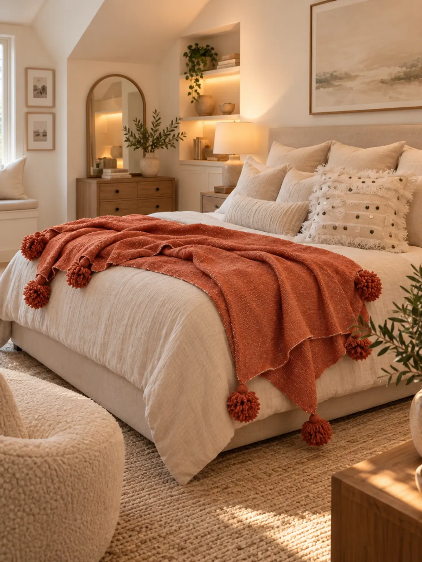 Moroccan Pom Pom Blanket, Terracotta Cotton Throw by Fouzia
