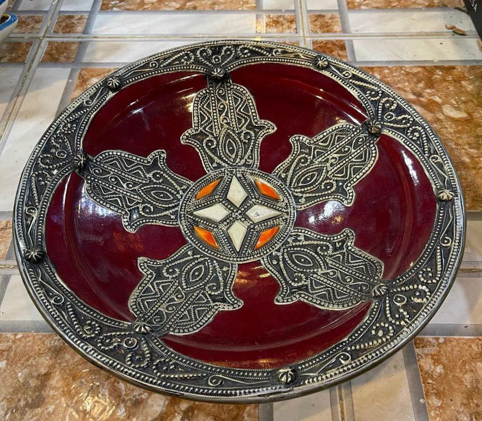 Essaouira Copper Serving Plate with Bone Inlay — view 2