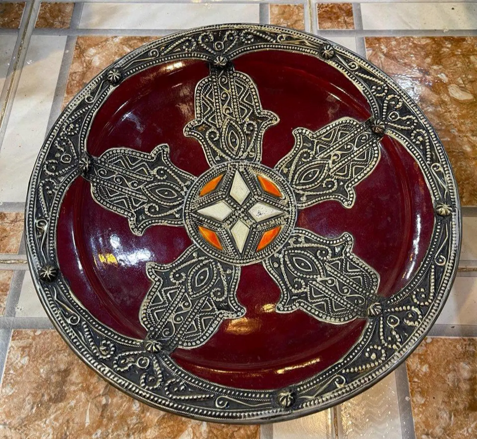 Essaouira Copper Serving Plate with Bone Inlay — view 3
