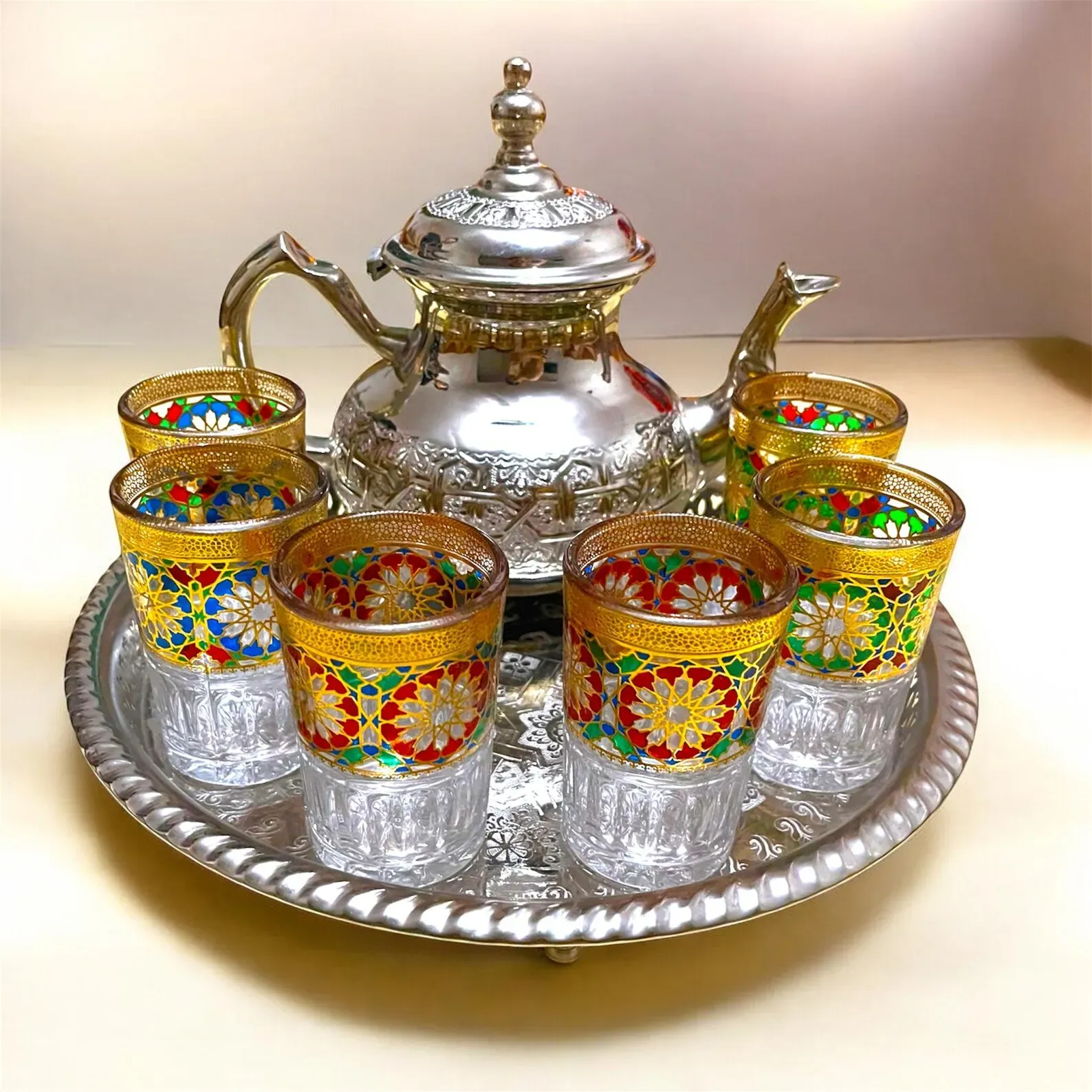 Moroccan Silver Tea Set with 6 Hand-Painted Glasses