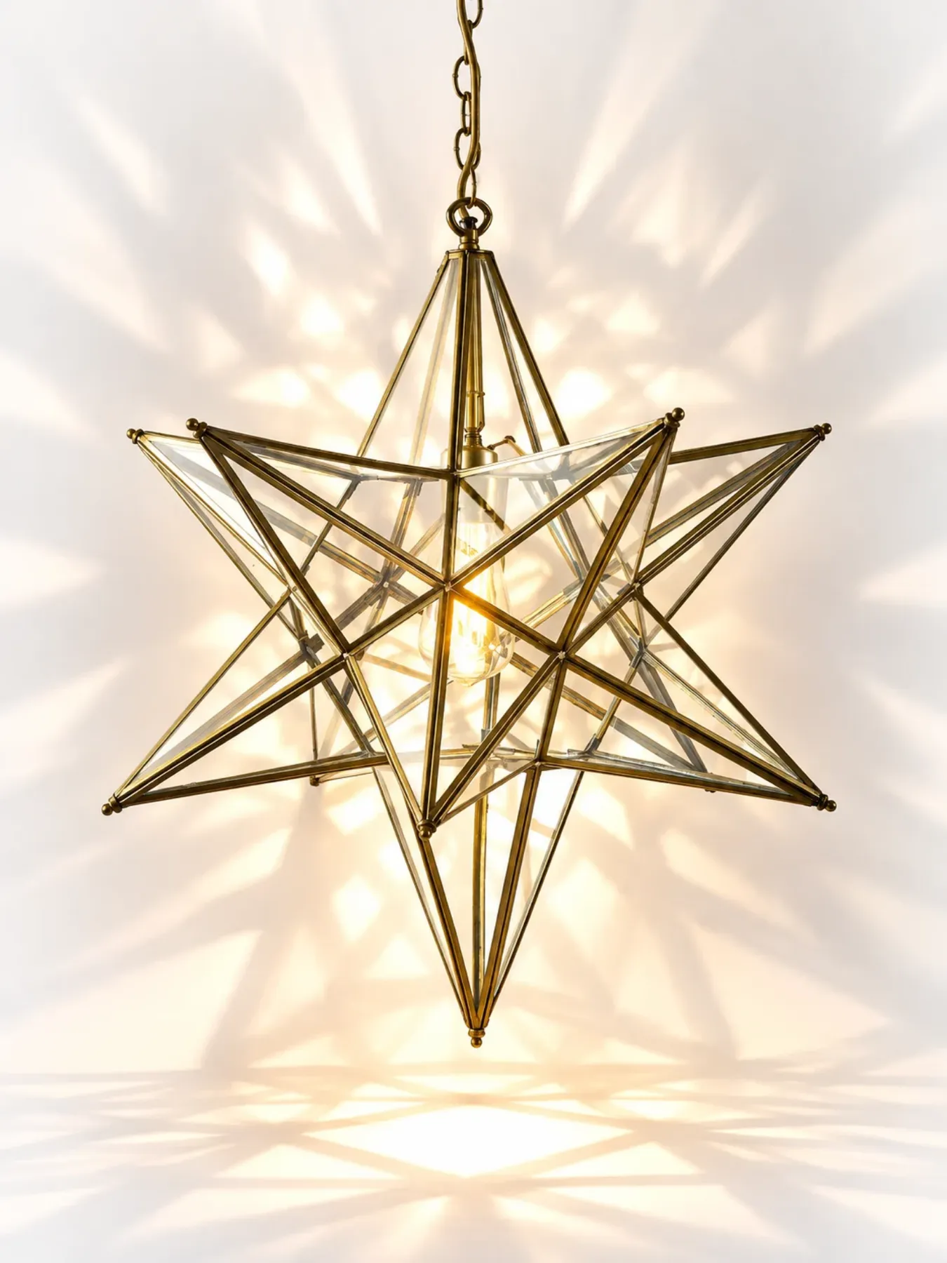 Handcrafted Moroccan Star Lantern, Engraved Brass and Textured Glass Pendant