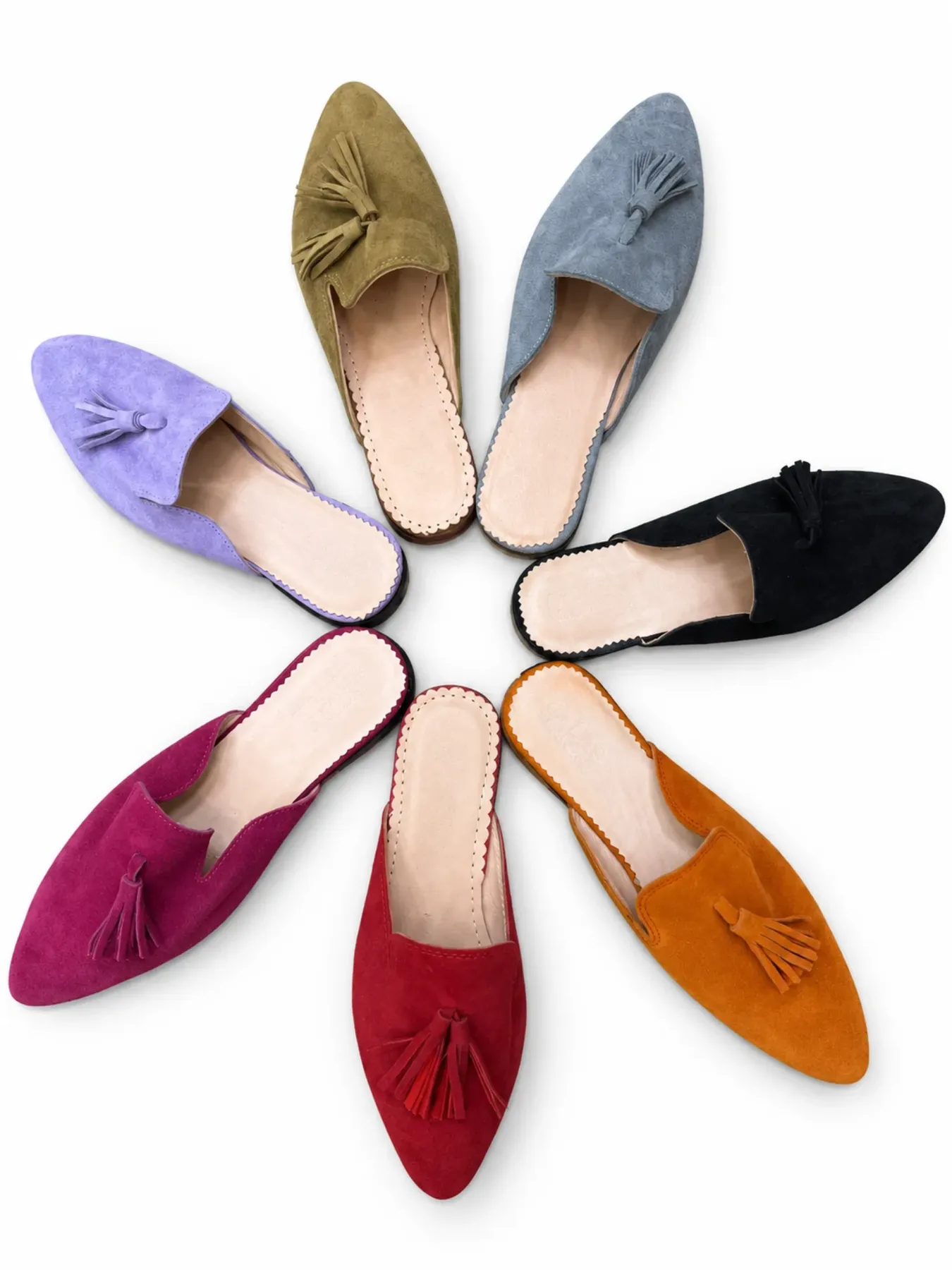 Handcrafted Moroccan Suede Babouches, Traditional Leather Slippers with Tassel