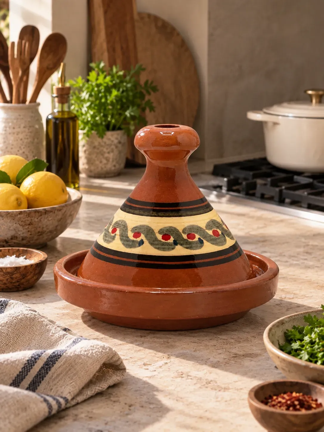 Moroccan Tagine Pot in Glazed Clay, Handmade in Marrakesh