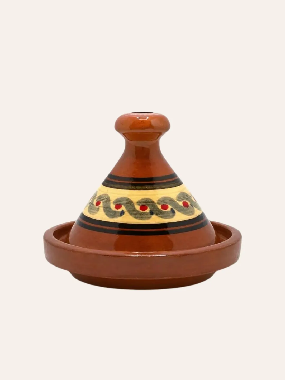 Moroccan ceramic tagine cooking pot with painted decorative band and glazed finish