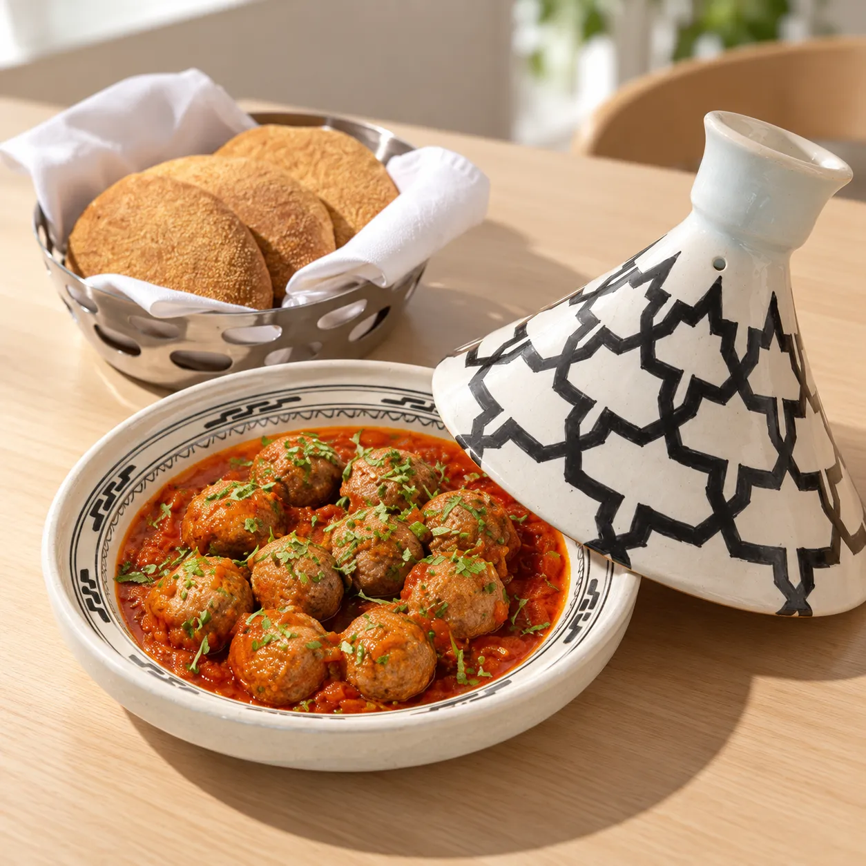 Closed white Moroccan tagine with a conical lid painted in a black star lattice, 23 cm base