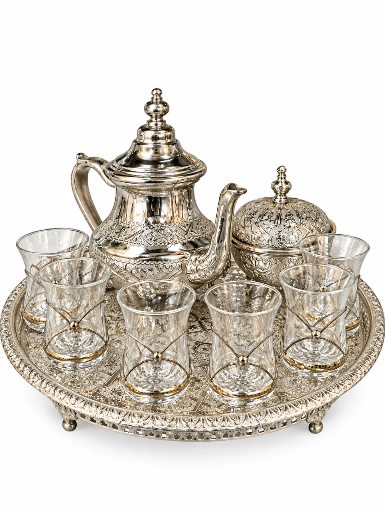 Handcrafted Moroccan Silver Filigree Tea Set, Traditional 6-Person Tea Service with Tray