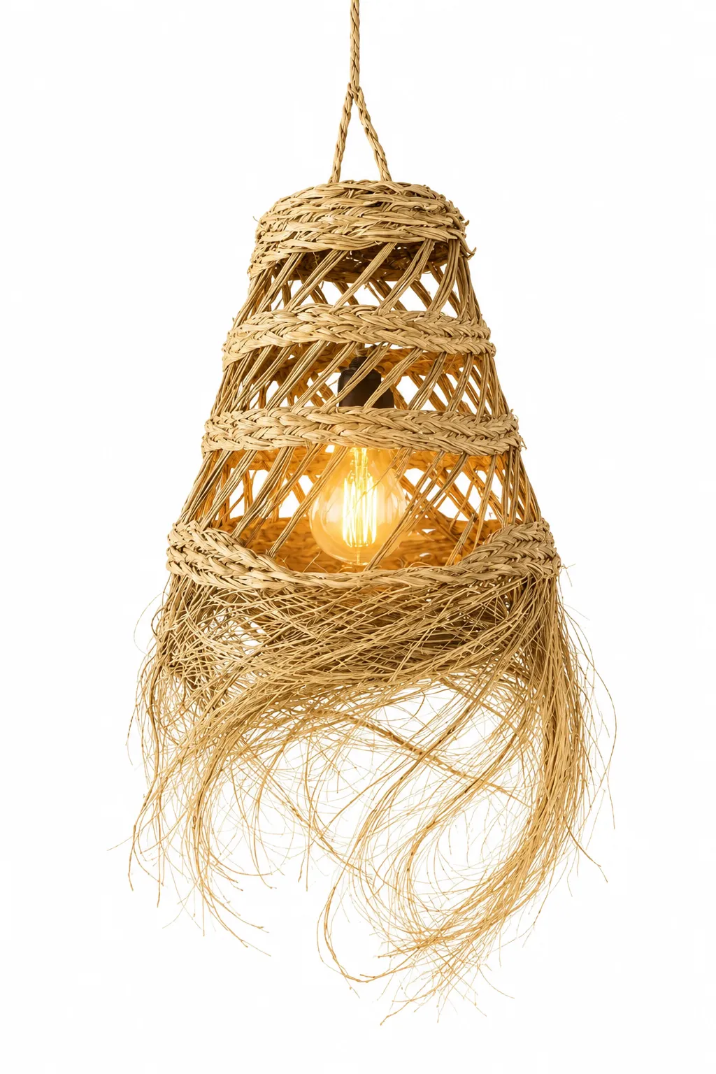 Handwoven Moroccan Raffia Pendant Light, Natural Palm Fiber Hanging Lamp