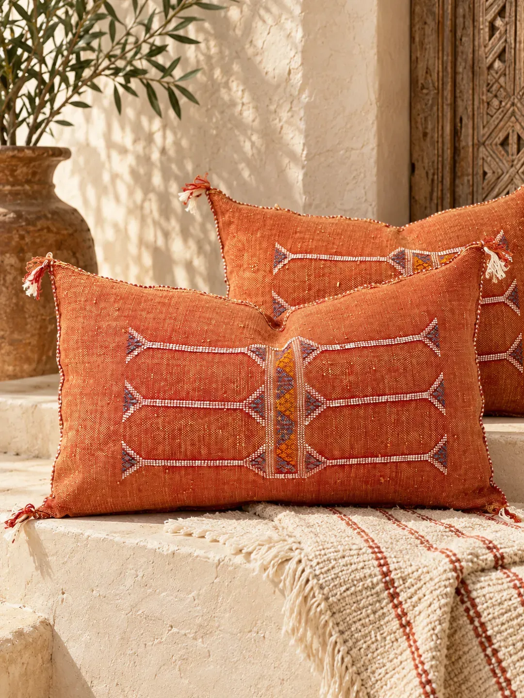 Orange Moroccan Cactus Silk Lumbar Pillow, Handmade Sabra Silk Throw Cushion, 13x20
