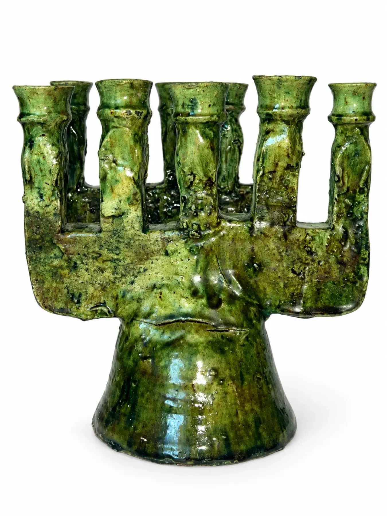Handmade Tamegroute Green Ceramic Candelabra, Moroccan 5-Arm Candle Holder