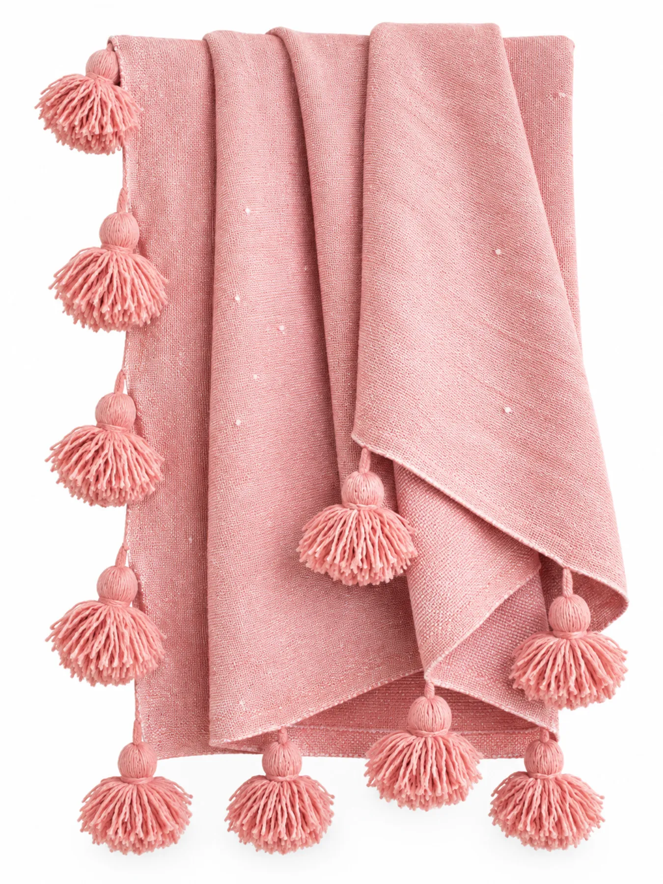 Handwoven Pink Wool Throw Blanket with Pom Poms, 300 × 250 cm