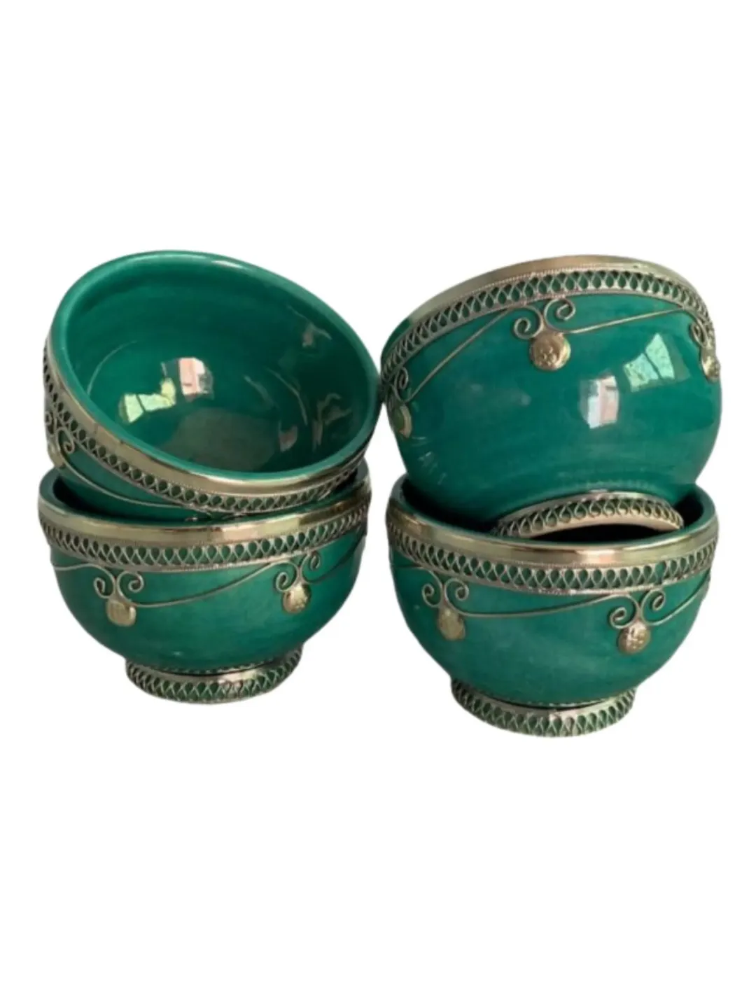 Red Safi Ceramic Bowl Set of 4 — Handmade with Metal Filigree — view 3