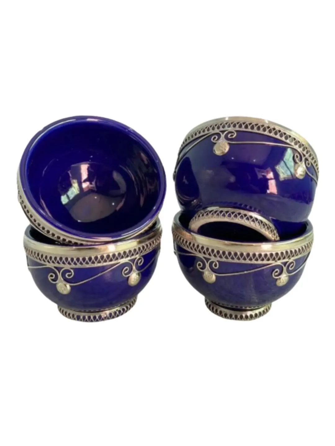 Red Safi Ceramic Bowl Set of 4 — Handmade with Metal Filigree — view 4