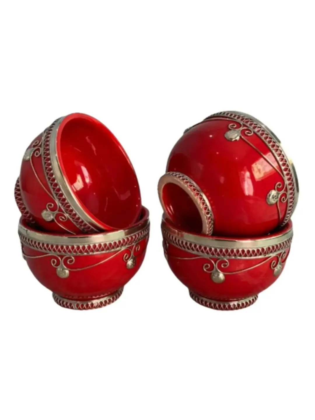 Red Safi Ceramic Bowl Set of 4 — Handmade with Metal Filigree