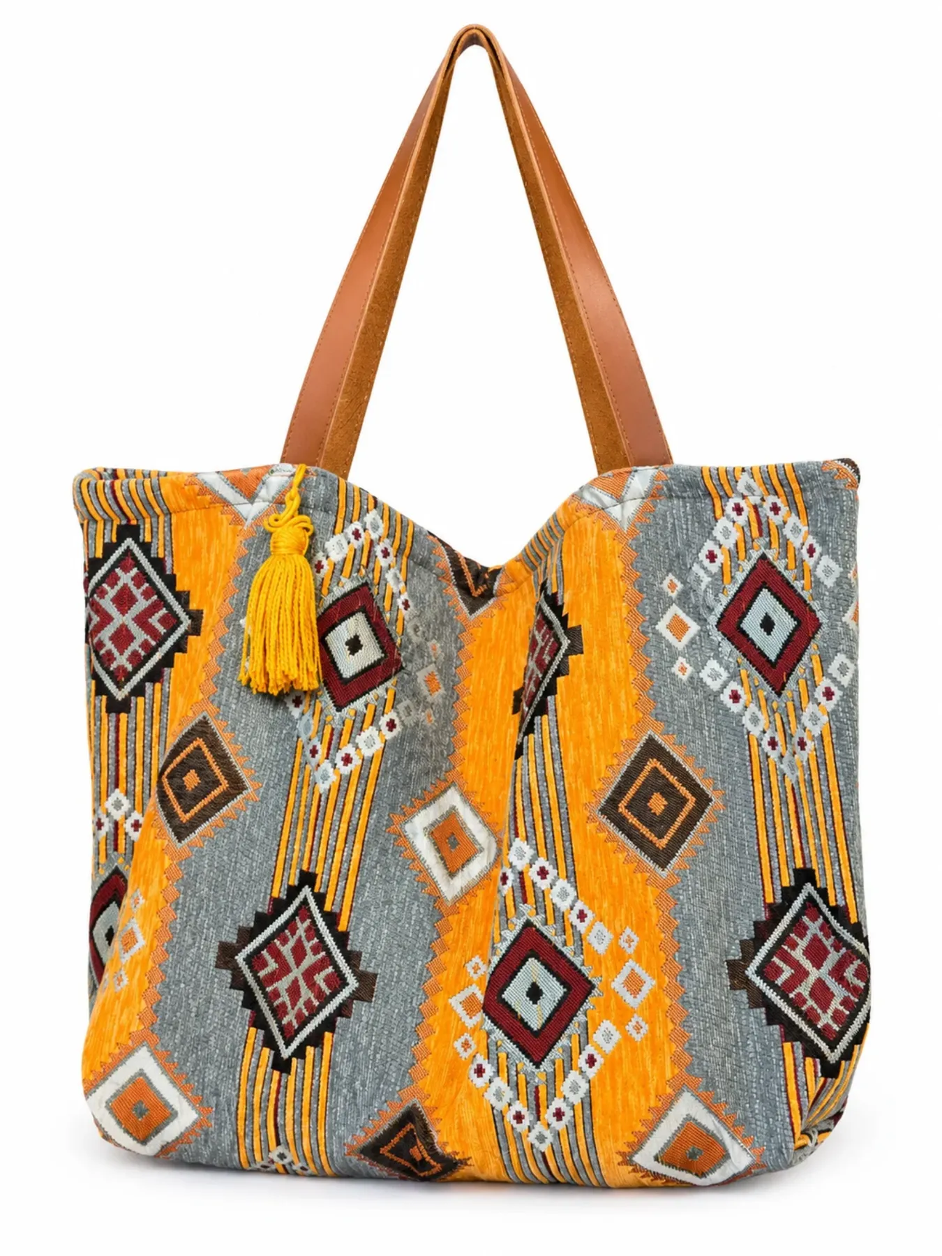 Handwoven Moroccan Kilim Tote Bag, Geometric Textile & Leather Handles