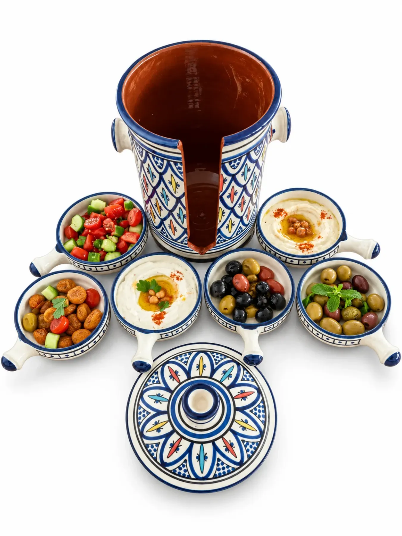 Handcrafted Safi Moroccan Ceramic Serving Set, Lidded Pot & 5 Hand-Painted Serving Bowls
