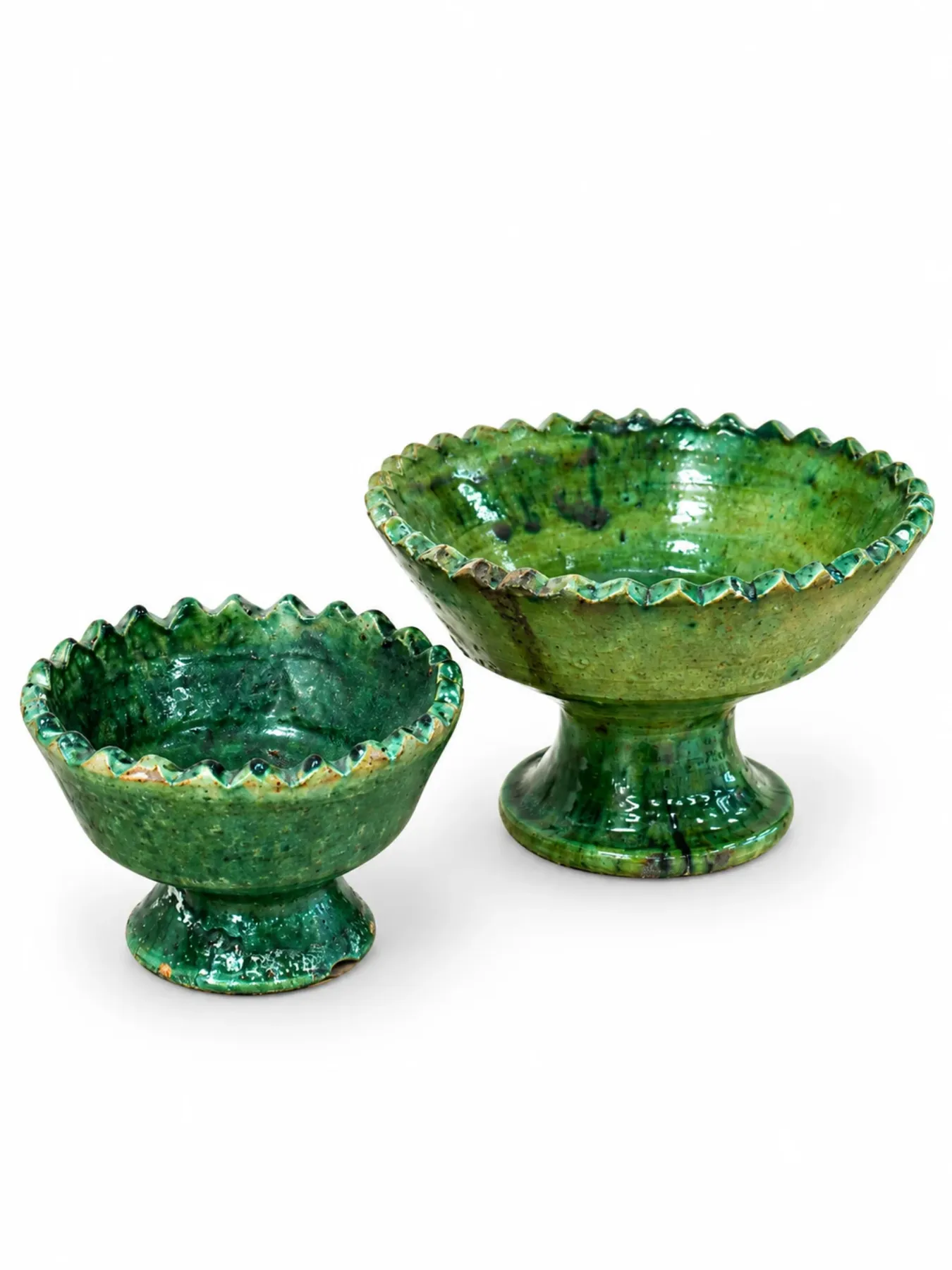 Handcrafted Tamegroute Pedestal Bowl, Emerald Green Moroccan Ceramic