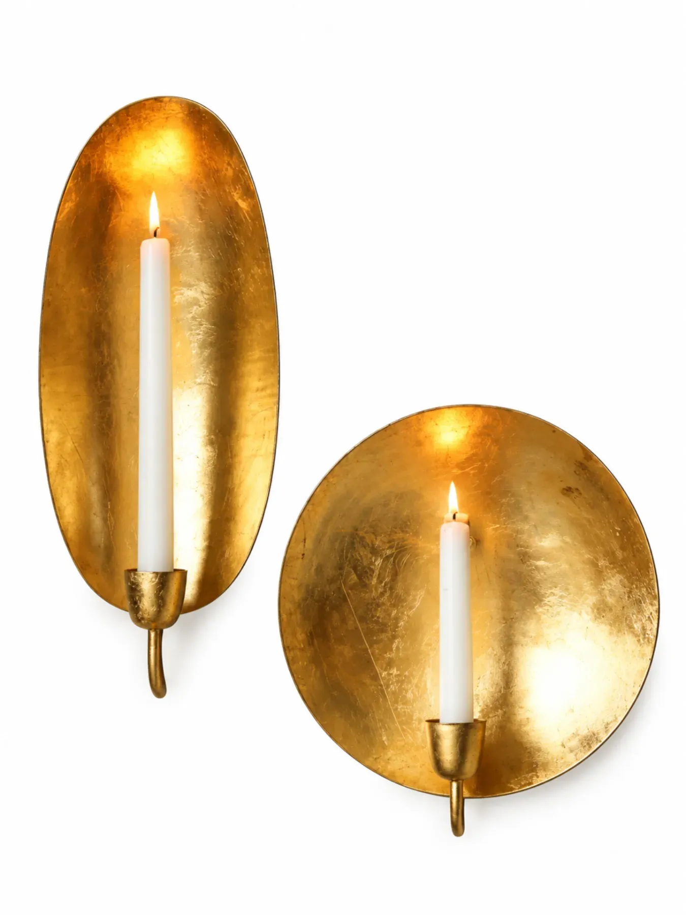 Set of 2 Moroccan Brass Wall Candle Sconces, Gold Leaf Round & Oval