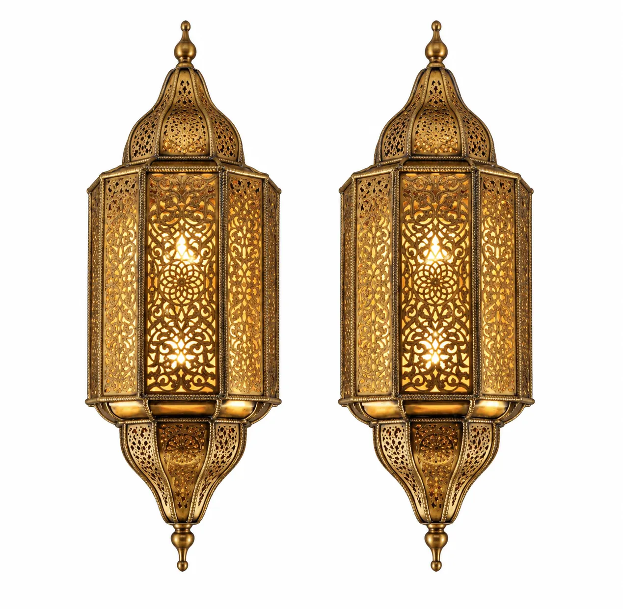 Handcrafted Moroccan Brass Wall Sconces Set of 2, Ornate Marrakech Medina Lighting