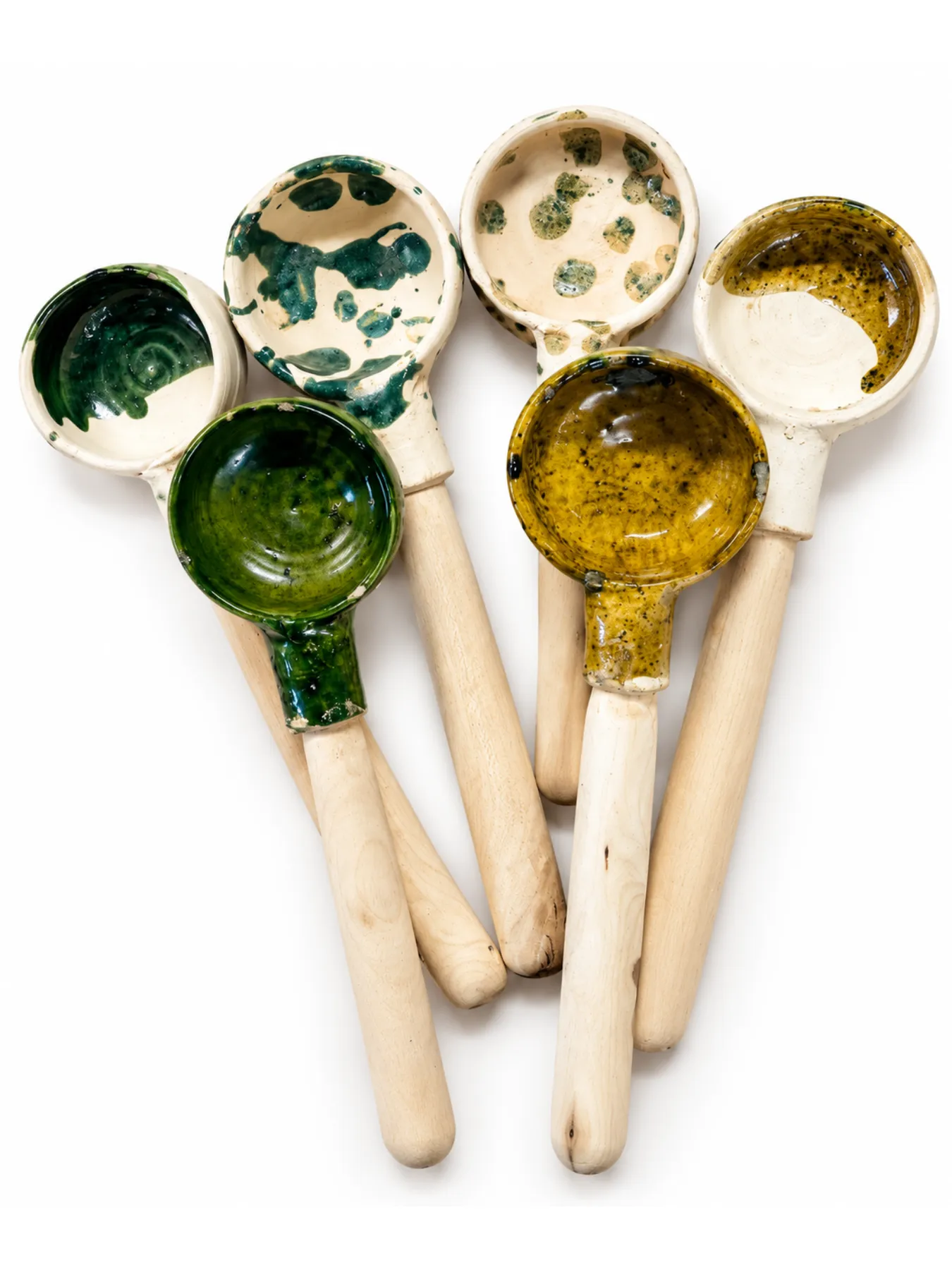 Set of 3 Moroccan Tamegroute Serving Spoon, Handmade Acacia Wood Spoon, Mustard Yellow Glazed