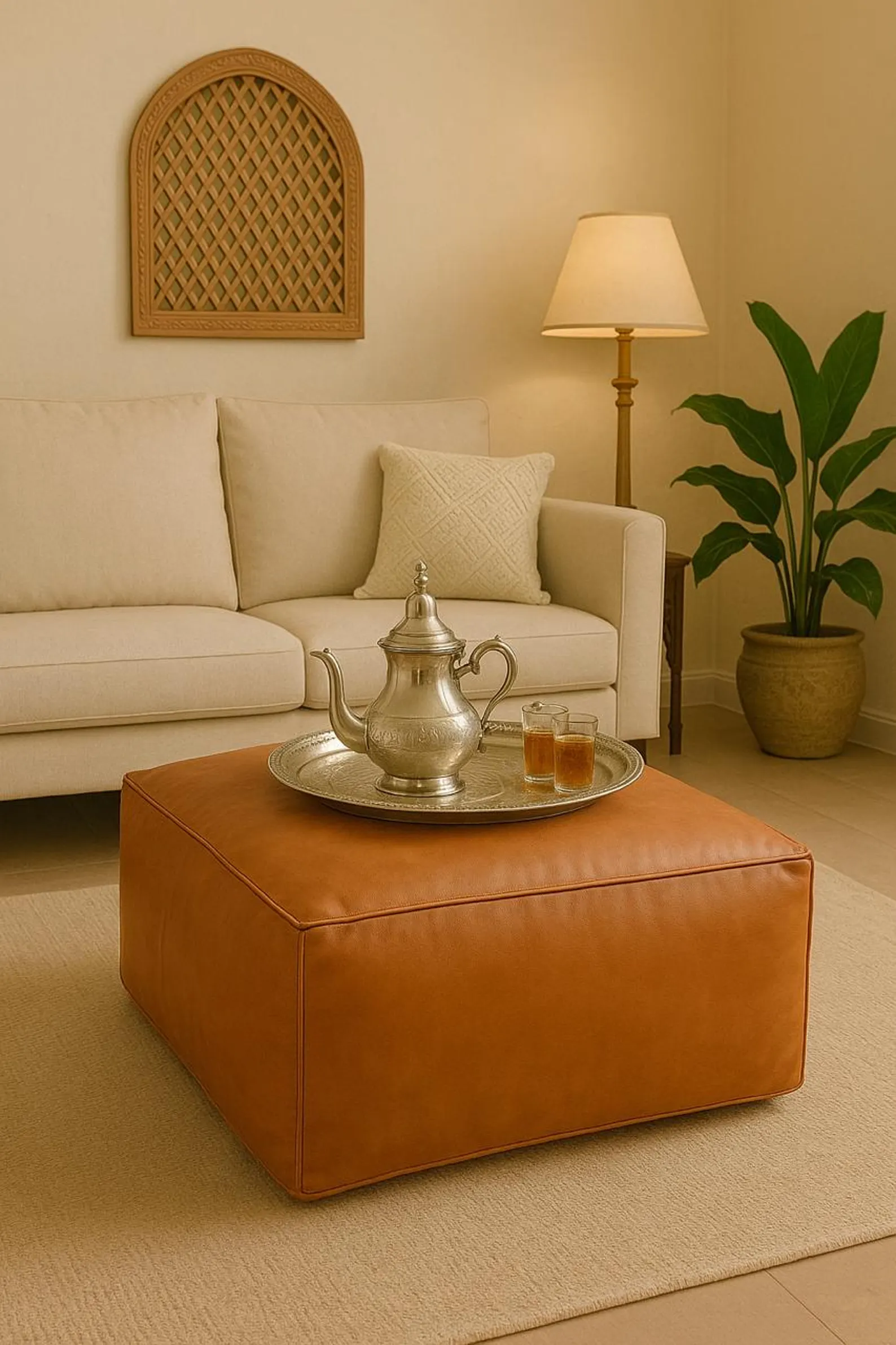 Square Leather Pouf Ottoman with Embroidered Medallion – Light Tan Footstool — view 2