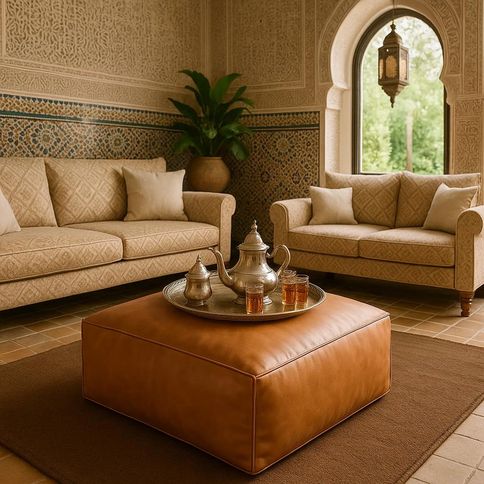 Square Leather Pouf Ottoman with Embroidered Medallion – Light Tan Footstool — view 3