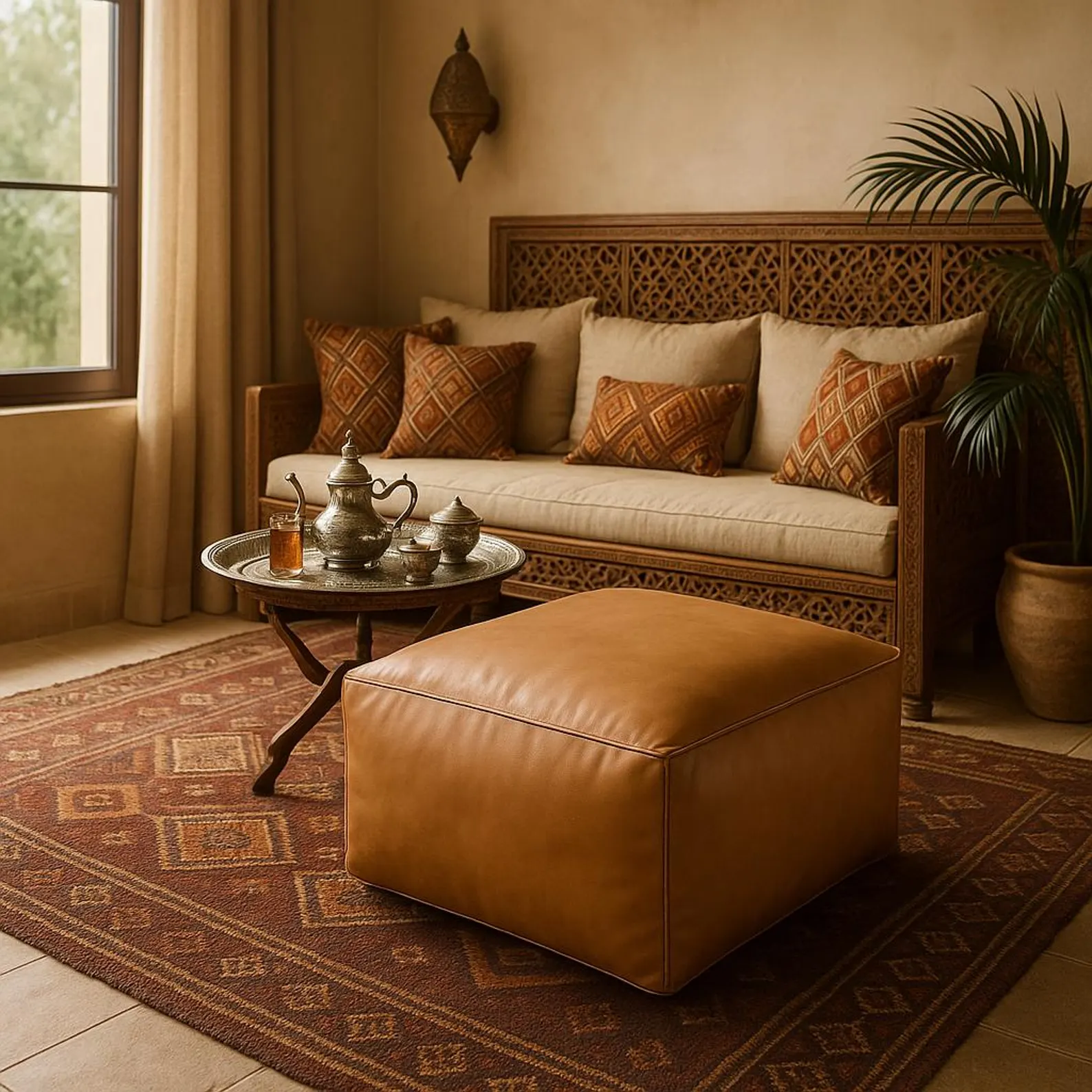 Square Leather Pouf Ottoman with Embroidered Medallion – Light Tan Footstool — view 4
