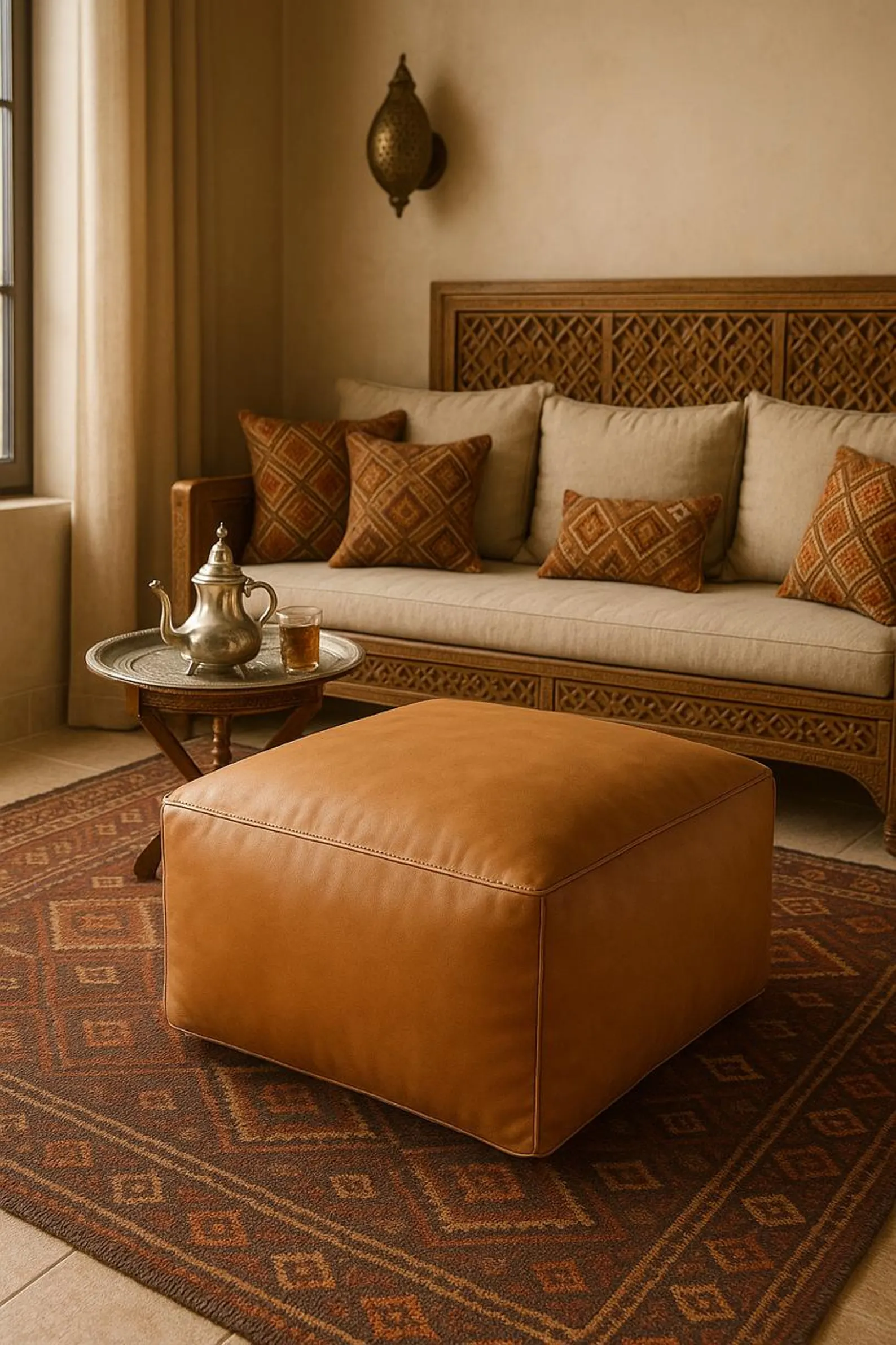 Square Leather Pouf Ottoman with Embroidered Medallion – Light Tan Footstool — view 5