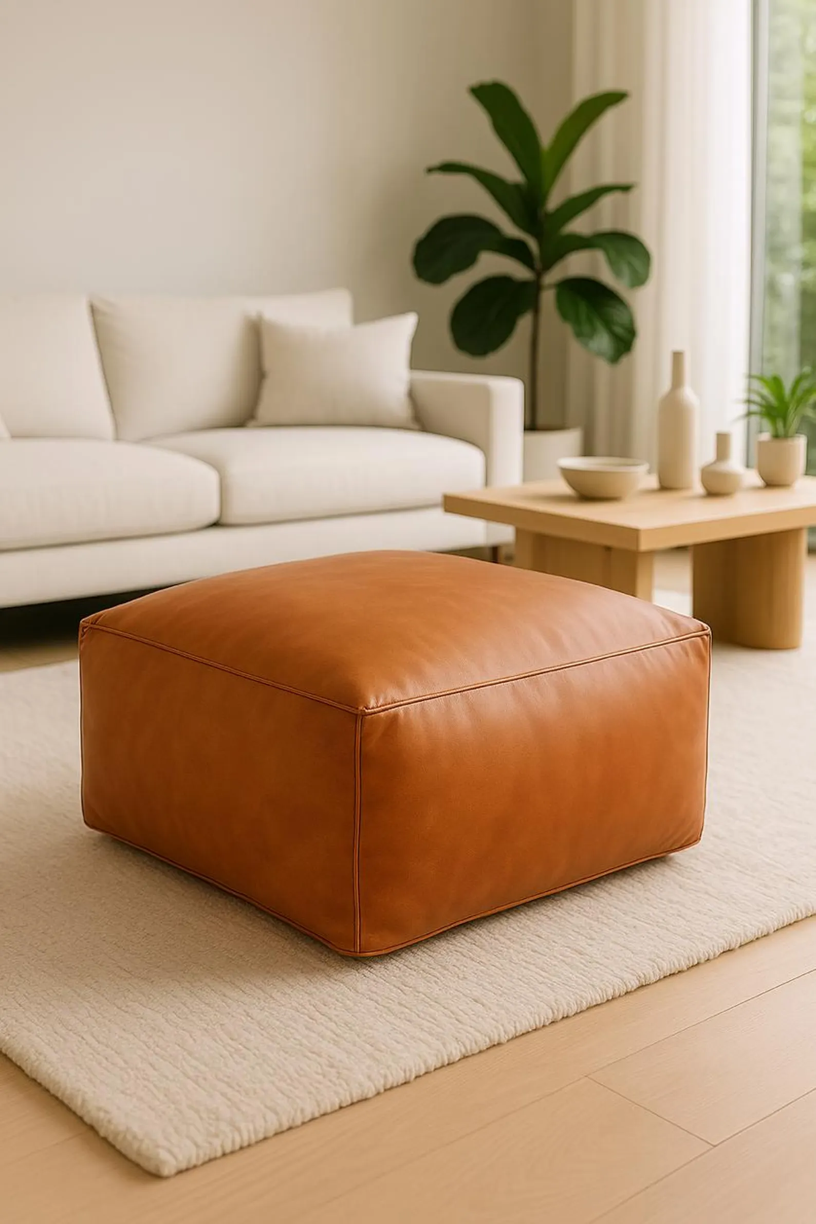 Square Leather Pouf Ottoman with Embroidered Medallion – Light Tan Footstool — view 7