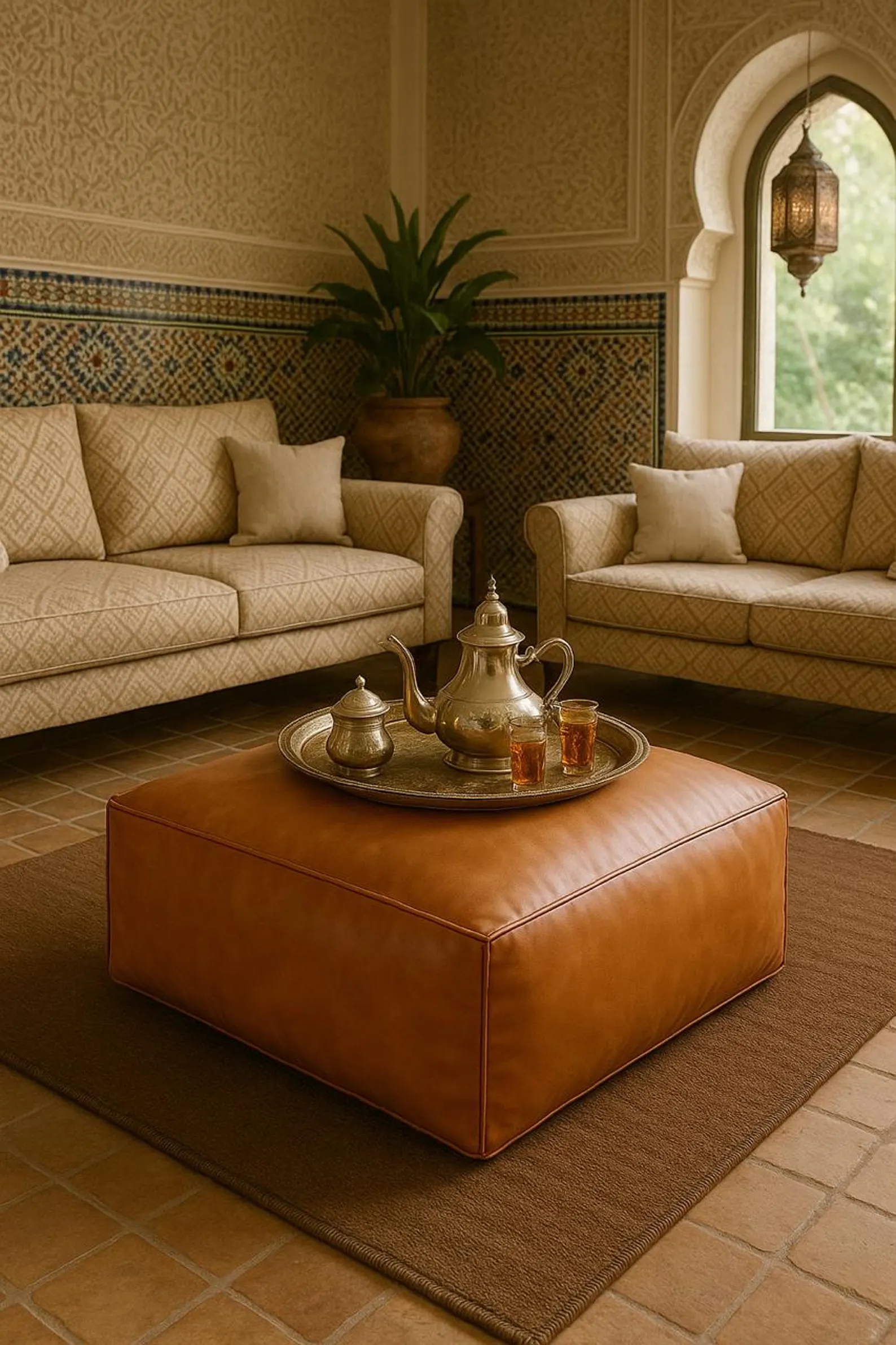 Square Leather Pouf Ottoman with Embroidered Medallion – Light Tan Footstool — view 9