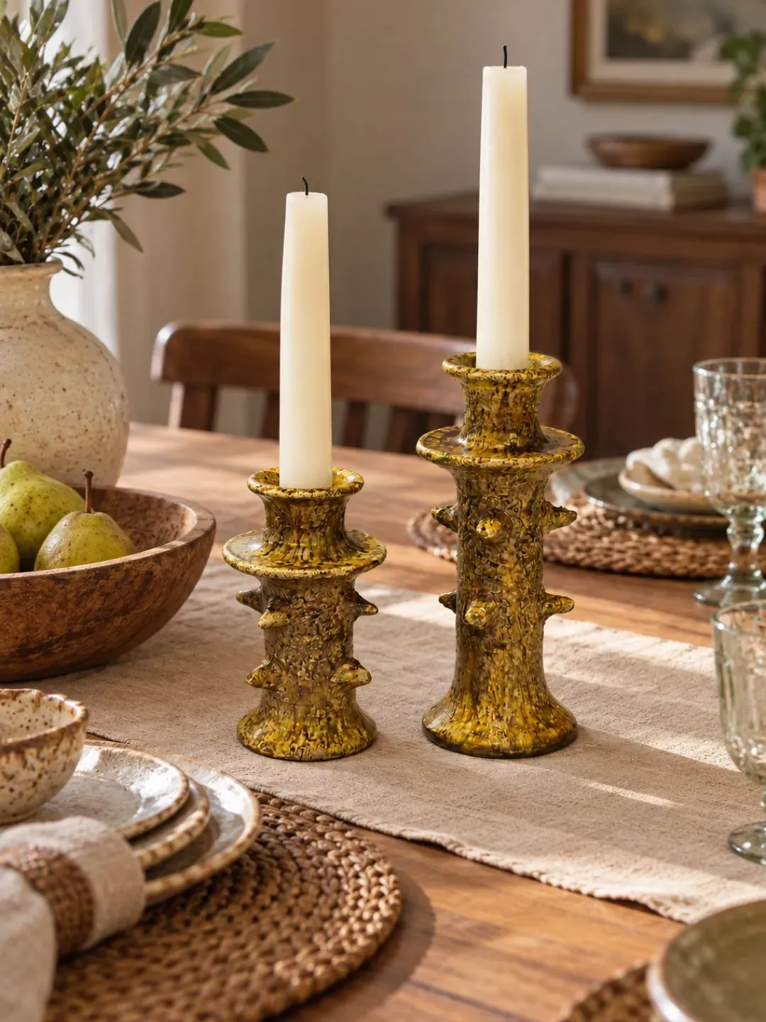Tamegroute Candle Holders, Ochre Yellow Ceramic Taper Candlesticks