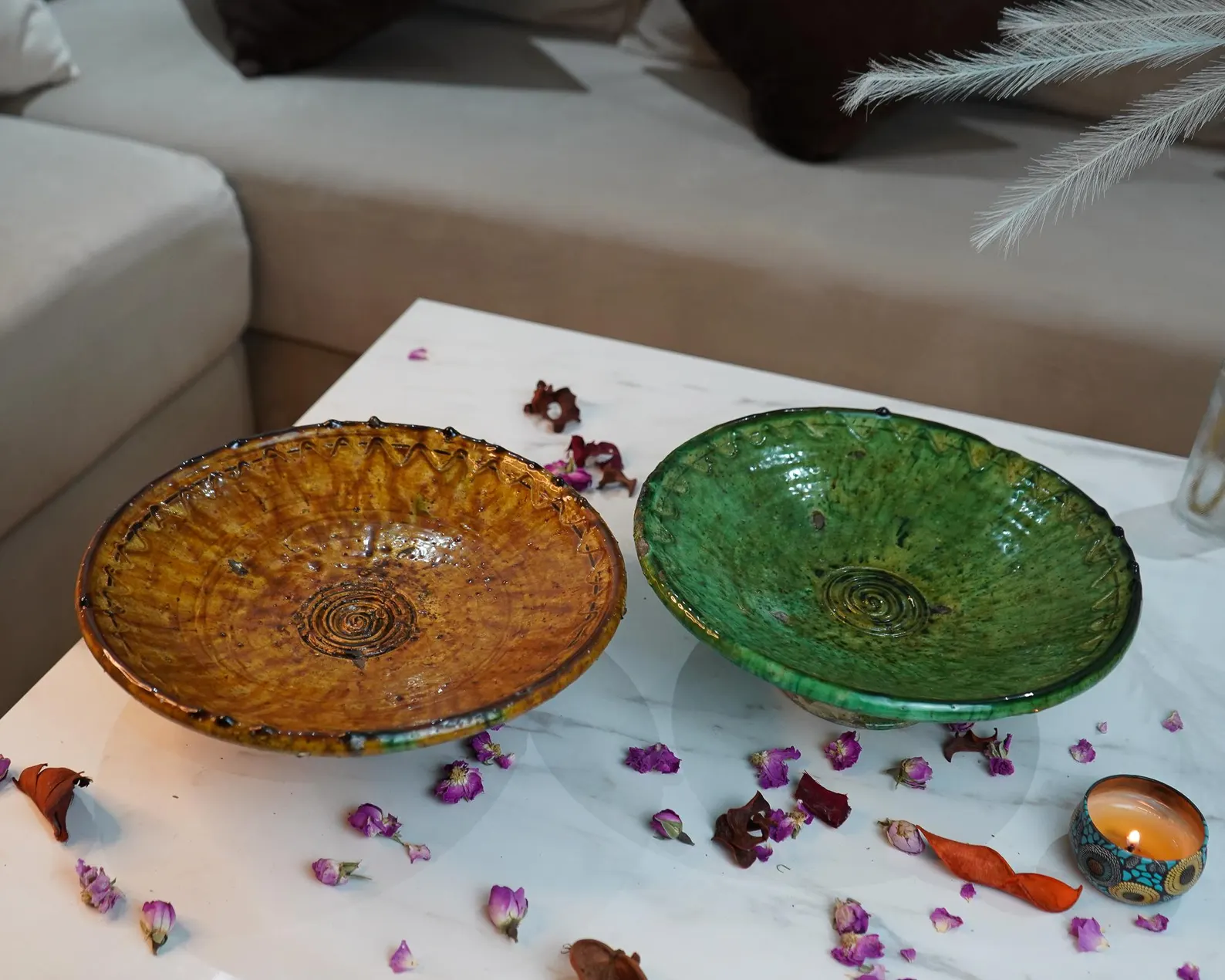 Tamegroute Pedestal Bowl in Emerald or Ochre — view 2