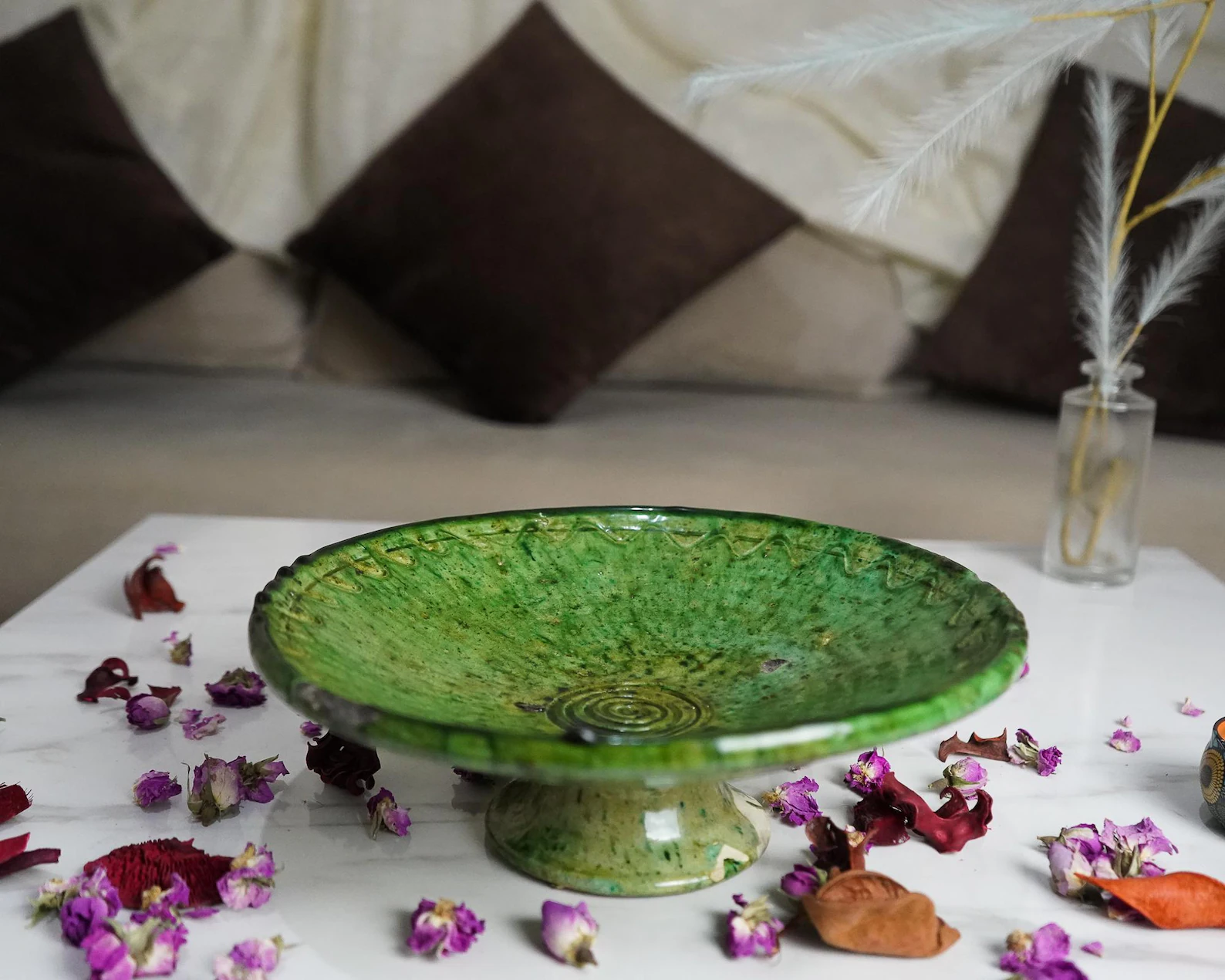 Tamegroute Pedestal Bowl in Emerald or Ochre