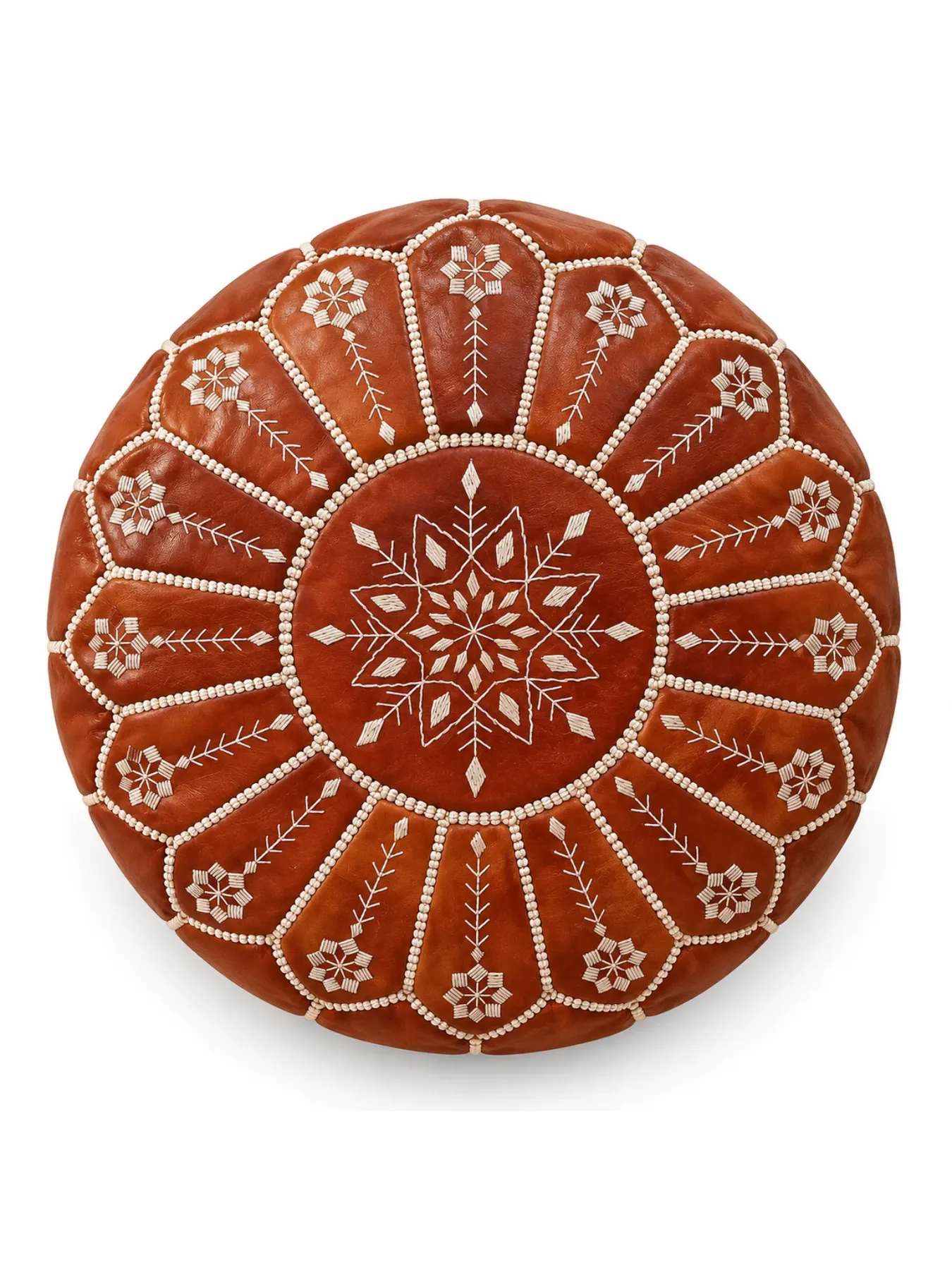 Handcrafted Tan Leather Pouf with Cactus Silk Embroidery, Moroccan Fès Ottoman