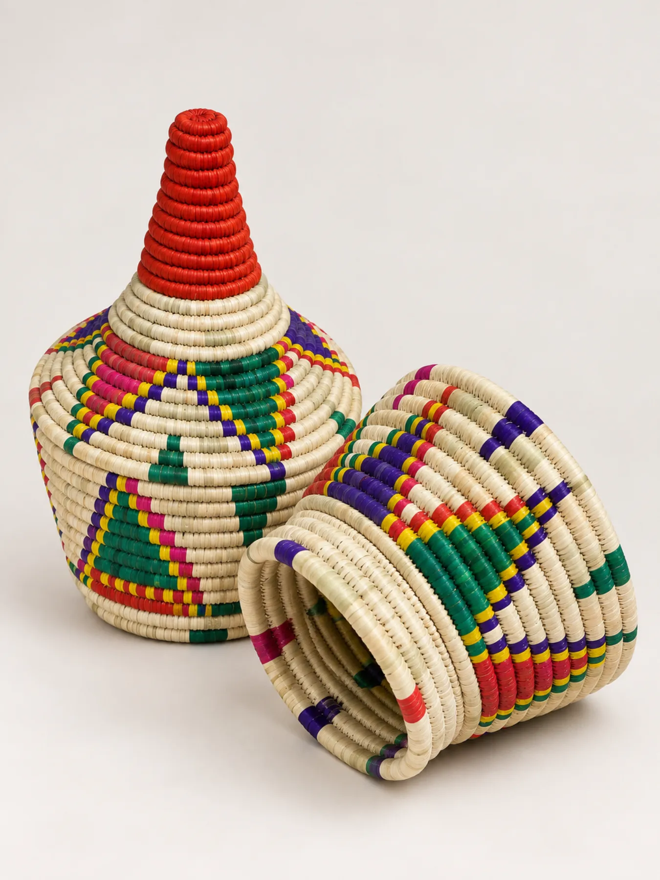 Handwoven Moroccan Palm Fiber Basket Set, Colorful Traditional Woven Storage & Decor