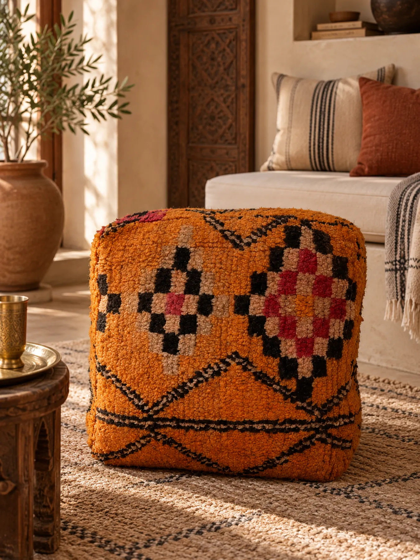 Handwoven Moroccan Kilim Pouf – Burnt Orange Wool Floor Cushion, view 2